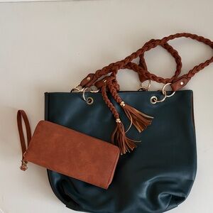 Elegant DARK TEAL and Brown Tote Bag with Wallet